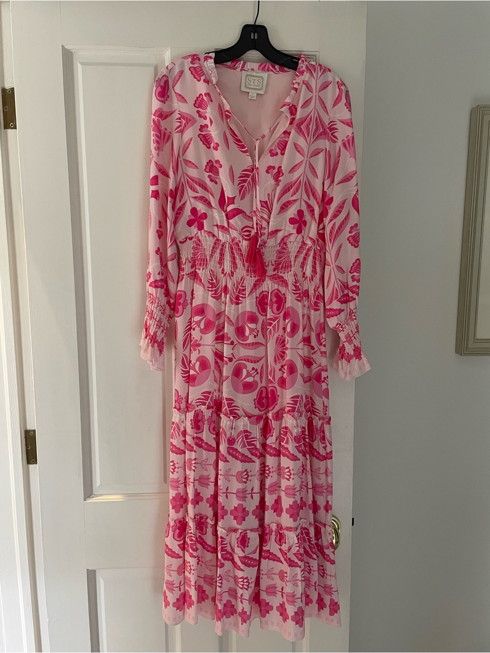 Sail to Sable Pink and White Floral Long Sleeve Smocked Waist Midi Dress S -